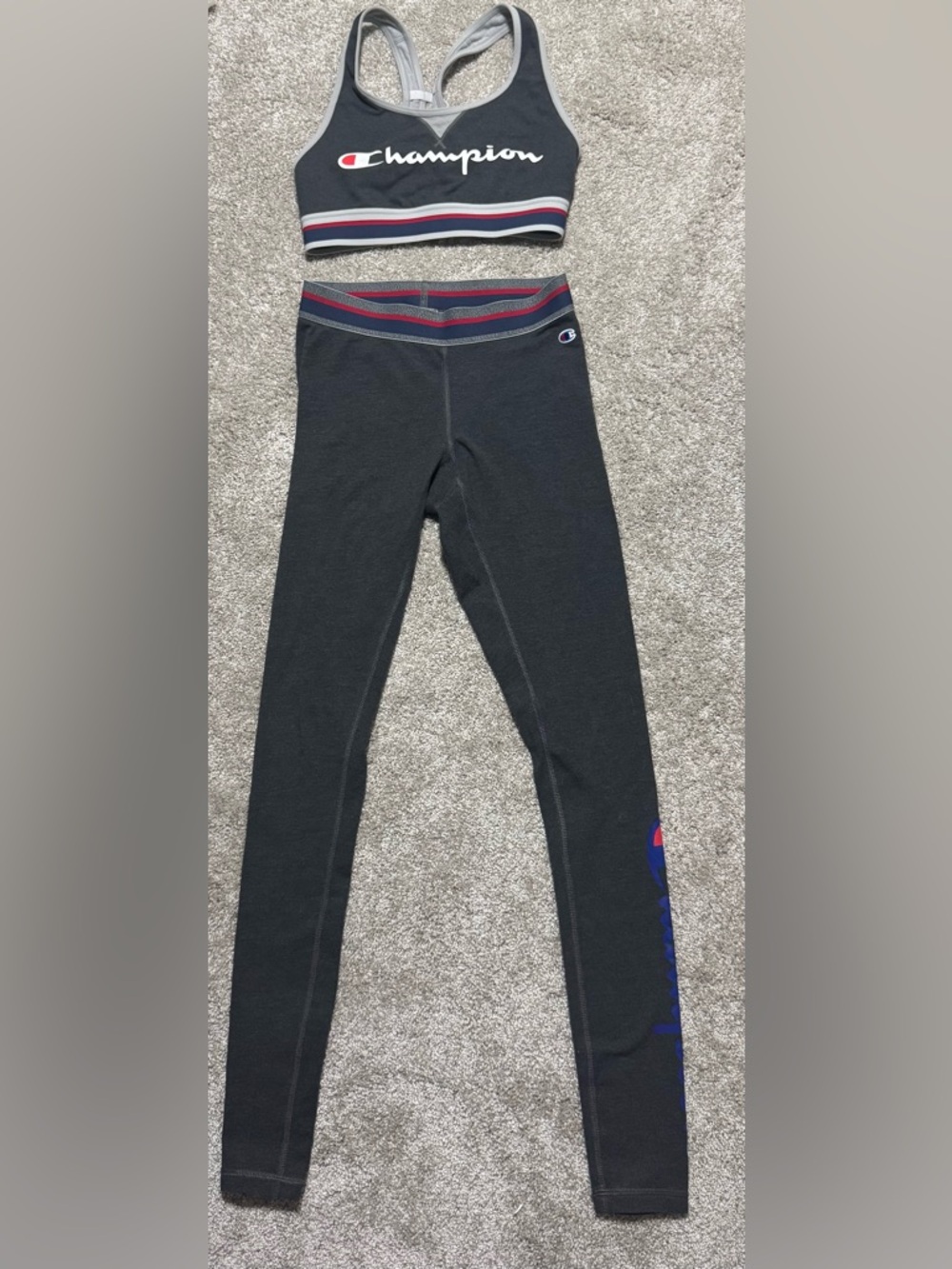 Champion Matching Set XS Sports Bra Leggings Gray Athletic Logo